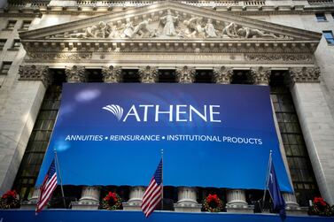 Athene Holding signage is displayed outside of the New York Stock Exchange. Athene was formed in 2009, and has emerged to be one of the top fixed-annuity providers in the US. Bloomberg