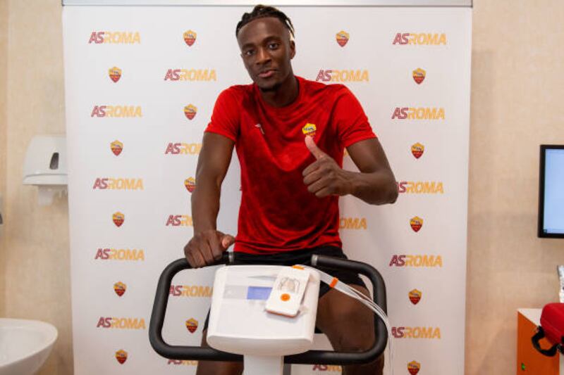 ROME, ITALY - AUGUST 15: AS Roma new signing Tammy Abraham poses during medical tests on August 17, 2021 in Rome, Italy. (Photo by Fabio Rossi / AS Roma via Getty Images)