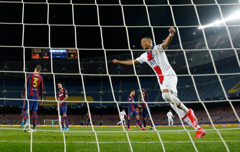 Kylian Mbappe celebrates PSG's third. Reuters