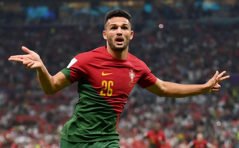 Goncalo Ramos celebrates after scoring Portugal's first goal in the Round of 16 match against Switzerland at Lusail Stadium on December 6, 2022. Getty