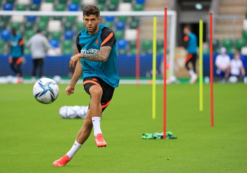 Chelsea's Christian Pulisic during a training session at Windsor Park in Belfast ahead of the Uefa Super Cup clash against Villarreal.