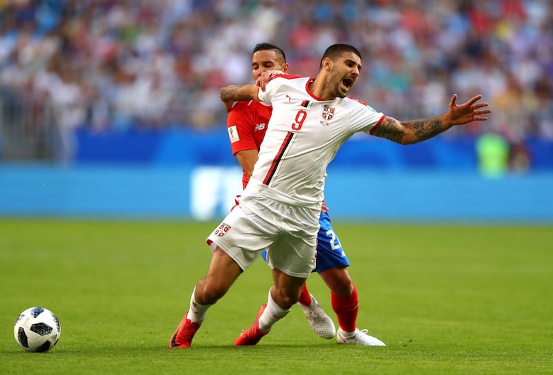 SAMARA, RUSSIA - JUNE 17:  Aleksandar Mitrovic of Serbia is tackled by Marcos Urena of Costa Rica during the 2018 FIFA World Cup Russia group E match between Costa Rica and Serbia at Samara Arena on June 17, 2018 in Samara, Russia.  (Photo by Dean Mouhtaropoulos/Getty Images)