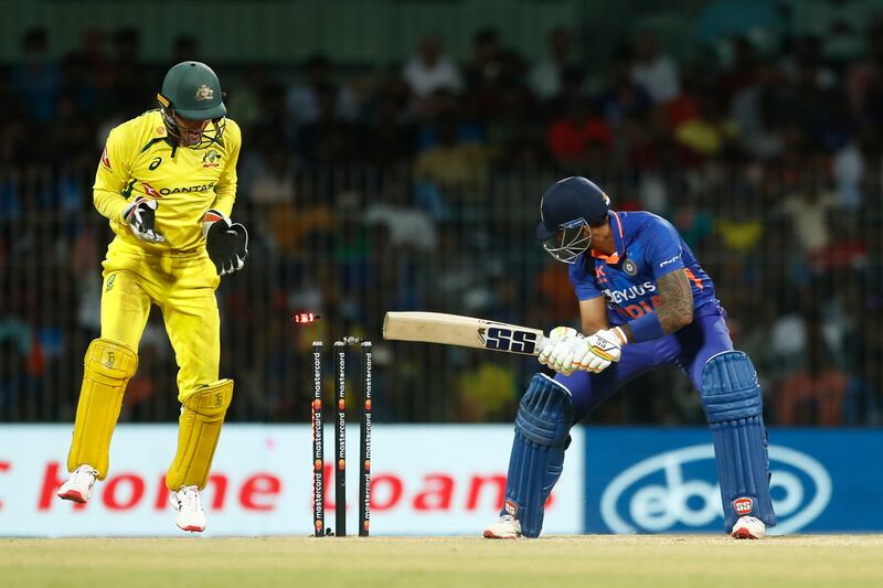 India's Suryakumar Yadav is bowled out by Ashton Agar of Australia for a first-ball duck. Getty
