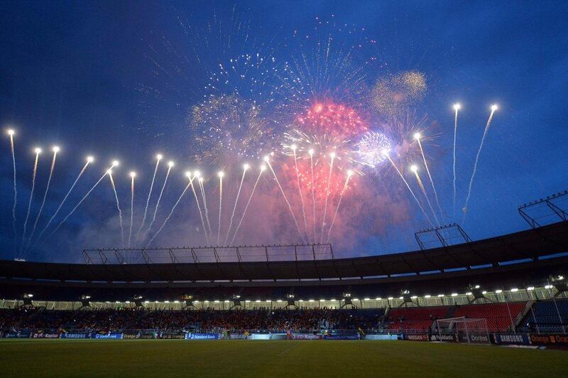 Fireworks explode over the stadium in Bata, Equatorial Guinea during the Africa Cup of Nations final opening ceremonies on Sunday night before Ivory Coast and Ghana battled for continental supremacy. Khaled Desouki / AFP