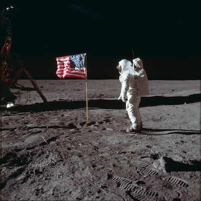 Nasa astronaut Buzz Aldrin Jr beside the US flag on the Moon during the Apollo 11 mission on July 20, 1969. Nasa via AP