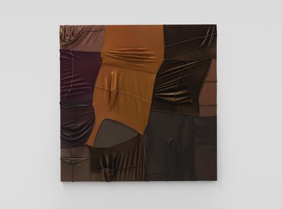 Anthony Akinbola, 'Camouflage #055 (Jude)', 2021. Acrylic and durags on wooden panel. Photo: Carbon 12