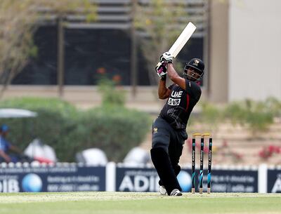 Dubai, March, 24, 2019: Muhammad Usman of UAE plays a shot during their match against Lancashire at the ICC Academy in Dubai. Satish Kumar/ For the National / Story by Paul Radley