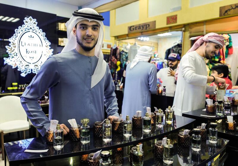 Abu Dhabi, United Arab Emirates, January 5, 2020.  
Photo essay of Global Village.
  Ibrahim Al Ameri, 23, Syria, Has been working for the Leather Rose perfume store at the UAE Pavillion for seven years now.
Victor Besa / The National
Section:  WK
Reporter:  Katy Gillett
