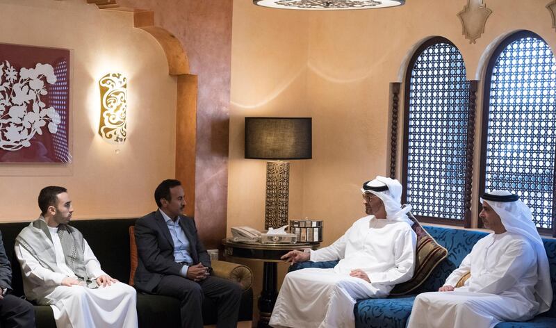 ABU DHABI, UNITED ARAB EMIRATES - December 06, 2017: HH Sheikh Mohamed bin Zayed Al Nahyan Crown Prince of Abu Dhabi Deputy Supreme Commander of the UAE Armed Forces (2nd R) and HH Lt General Sheikh Saif bin Zayed Al Nahyan, UAE Deputy Prime Minister and Minister of Interior (R), offer condolences to Ahmed Ali Abdullah Saleh (2nd L), on the death of his father.
( Hamad Al Kaabi / Crown Prince Court - Abu Dhabi )
—