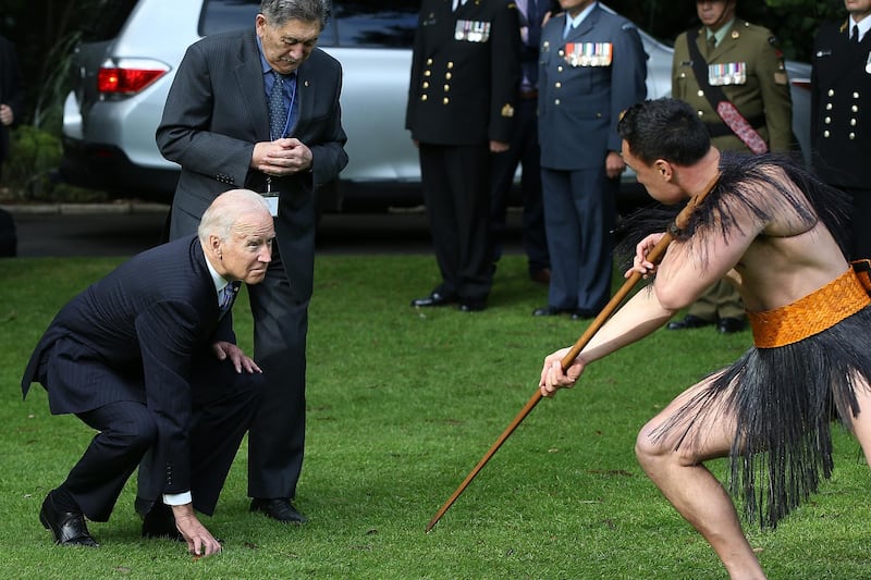 AUCKLAND, NEW ZEALAND - JULY 21:  US Vice-President Joe Biden (L) with Kaumatua Lewis Moeau (R) experiences a traditional Maori welcome at Government House on July 21, 2016 in Auckland, New Zealand. Biden is visiting New Zealand on a two day trip which includes meetings community and business leaders, a visit to Government House and a wreath laying ceremony at the Auckland War Memorial Museum.  (Photo by Fiona Goodall/Getty Images)
