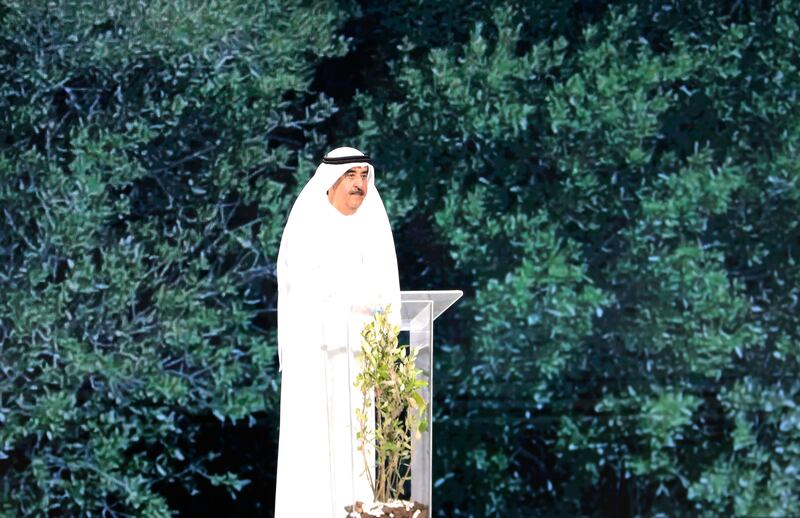 Sheikh Saud bin Rashid Al Mualla, Ruler of Umm Al Quwain, unveils the proposals at the World Government Summit. Pawan Singh / The National