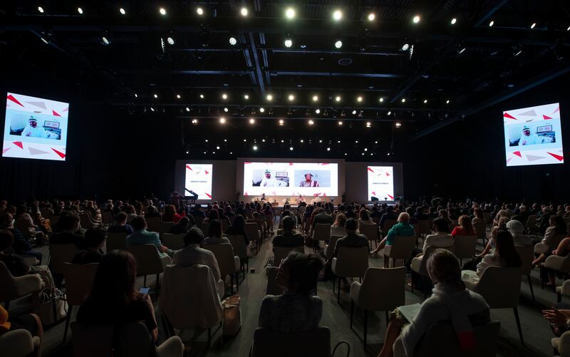 Sheikh Hasina, Prime Minister of Bangladesh, Dr. Anwar Gargash, Diplomatic Advisor to the President of the UAE, Dr. Ngozi Okonjo-Iweala, Director General, WTO and Dr. Natalia Kanem, Executive Director, UNFPA speak on Redefining the Future for Women on International women's day. Expo 2020, Dubai. Chris Whiteoak / The National