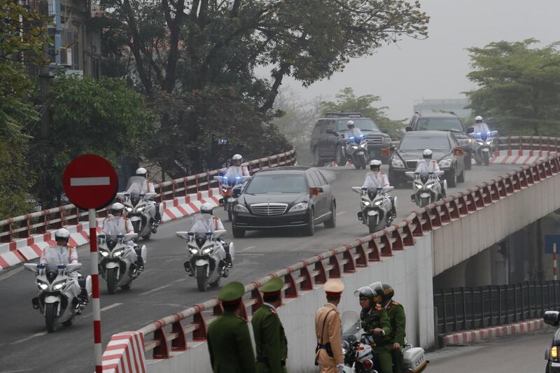 The motorcade of North Korea's leader Kim Jong-un travels enroute to his hotel. Reuters