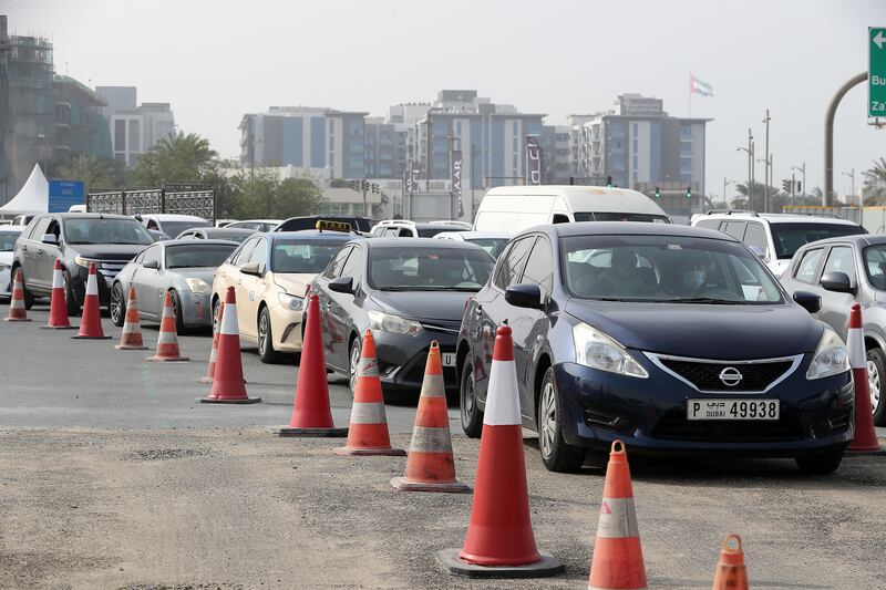 Long queues at VPS Healthcare testing centre. Pawan Singh / The National