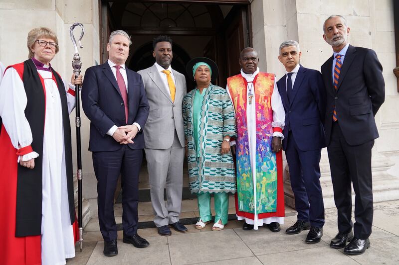 From left: Bishop of London Sarah Mullally, Labour leader Keir Starmer, the victim's brother Stuart Lawrence, and mother Doreen Lawrence, former Archbishop of York, John Sentamu, Mayor of London Sadiq Khan and solicitor Imran Khan leave after attending a memorial service to commemorate the 30th anniversary of the murder of Stephen Lawrence, in London. AP