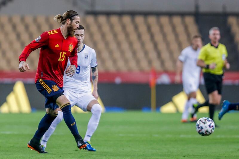 Spain's Sergio Ramos, left, during the World Cup qualifier against Kosovo. AP