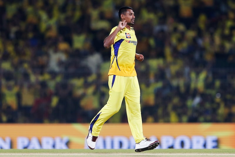 Chennai Super Kings' Mustafizur Rahman celebrates after taking the wicket of Royal Challengers Bengaluru's Rajat Patidar, caught by MS Dhoni for a duck. AP 