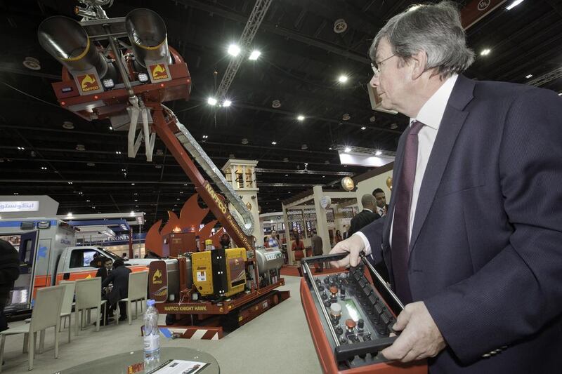 Folmer Kamminga, Geoborn’s managing director, demonstrates the use of the “Knight Hawk” drone with a remote control. Jaime Puebla / The National 