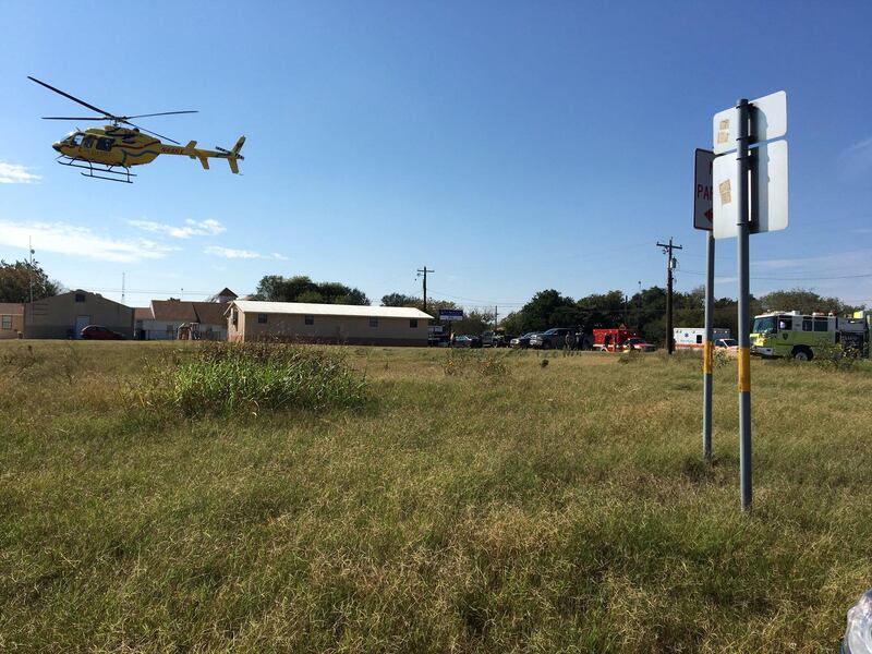 A helicopter flies near the site of a mass shooting in Sutherland Springs, Texas, U.S., November 5, 2017, in this picture obtained via social media. MAX MASSEY/ KSAT 12/via REUTERS THIS IMAGE HAS BEEN SUPPLIED BY A THIRD PARTY. MANDATORY CREDIT.NO RESALES. NO ARCHIVES