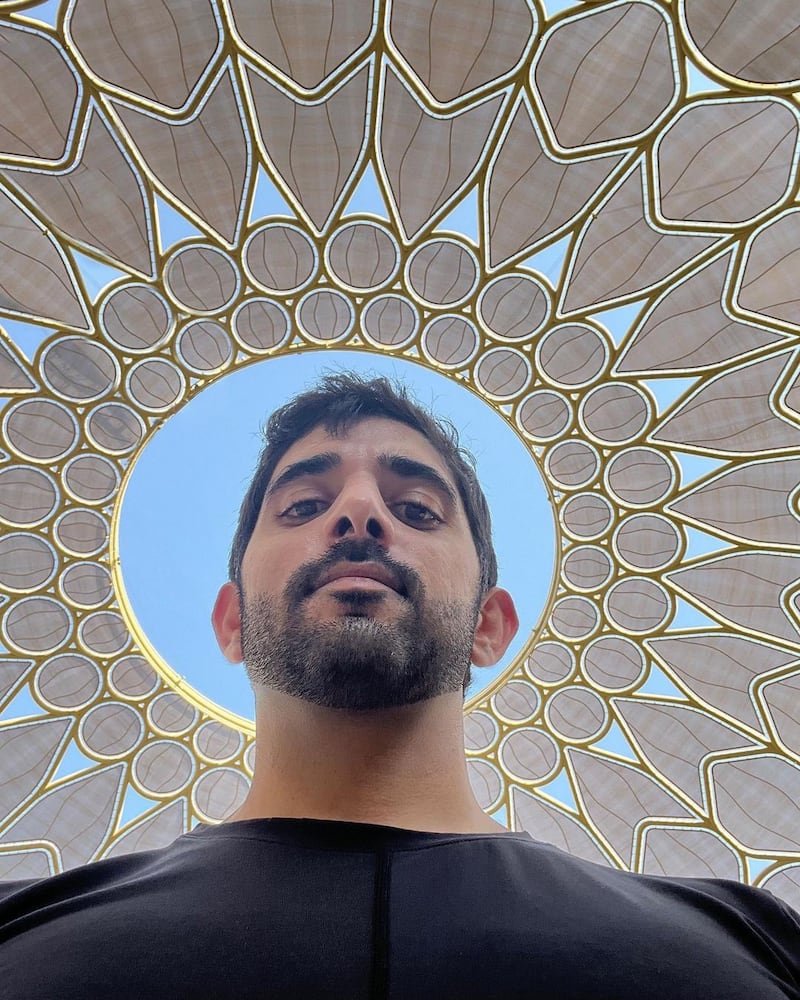 Sheikh Hamdan's selfie at the Expo 2020 Dubai site, posted on his Instagram account. Photo: Instagram / Faz3