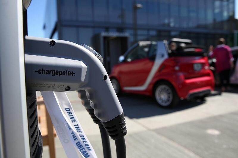 SAN FRANCISCO, CA - SEPTEMBER 16:  A ChargePoint electric vehicle charger is displayed during the Drive The Dream event at the Exploratorium on September 16, 2013 in San Francisco, California. California Gov. Jerry Brown met with California corporate leaders at Drive The Dream to discuss progress in the adoption of electric vehicles and workplace charging stations at businesses in the state.  (Photo by Justin Sullivan/Getty Images)