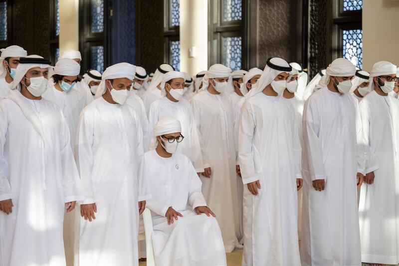 Sheikh Zayed bin Hamdan bin Zayed, third left; Sheikh Hamdan bin Mohamed bin Zayed, fourth left; and Sheikh Zayed bin Mohamed attend funeral prayers for Sheikh Khalifa at Sheikh Sultan bin Zayed The First mosque.