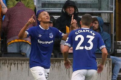 Soccer Football - Premier League - Wolverhampton Wanderers v Everton - Molineux Stadium, Wolverhampton, Britain - August 11, 2018   Everton's Richarlison celebrates scoring their second goal     Action Images via Reuters/Craig Brough    EDITORIAL USE ONLY. No use with unauthorized audio, video, data, fixture lists, club/league logos or "live" services. Online in-match use limited to 75 images, no video emulation. No use in betting, games or single club/league/player publications.  Please contact your account representative for further details.