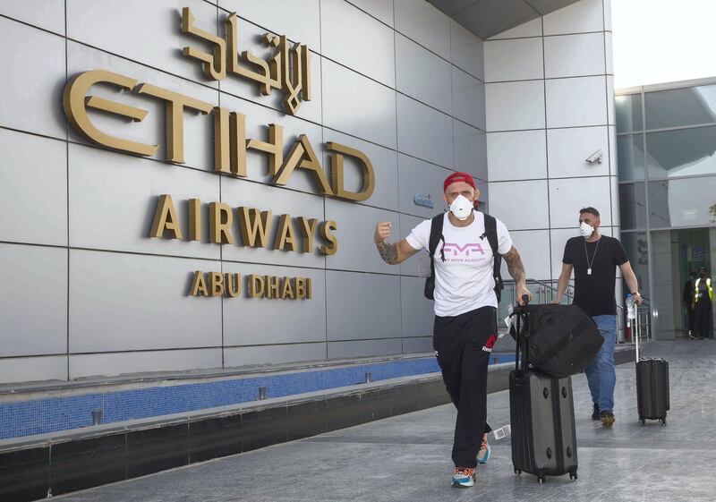 UFC team arrive in Abu Dhabi from London Heathrow. Etihad Airways
