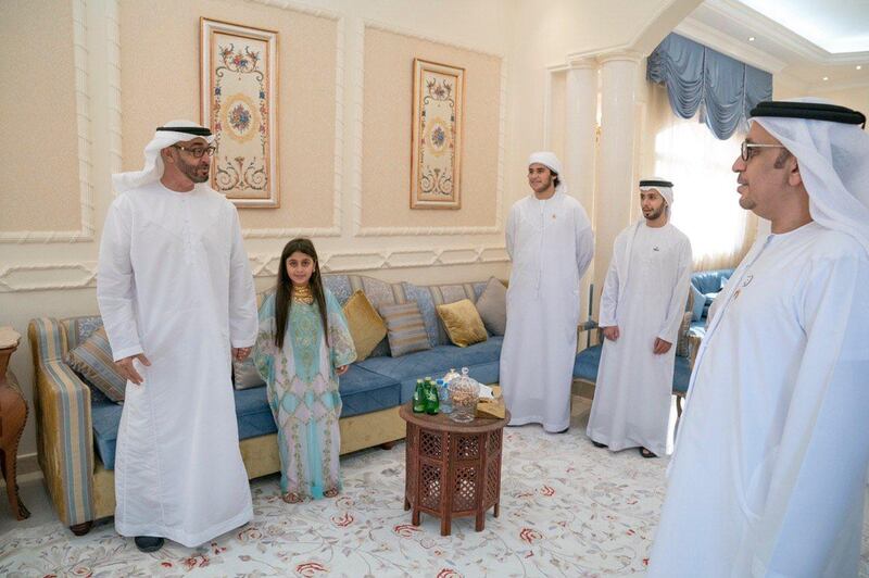 Sheikh Mohamed bin Zayed, Crown Prince of Abu Dhabi and Deputy Supreme Commander of the UAE Armed Forces, visits Ayesha Al Mazrouei at her family home. Courtesy Sheikh Mohamed bin Zayed Twitter