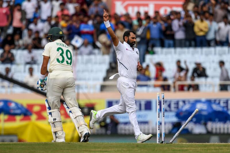 India's Mohammed Shami celebrates after dismissing South Africa batsman Zubayr Hamza. AFP