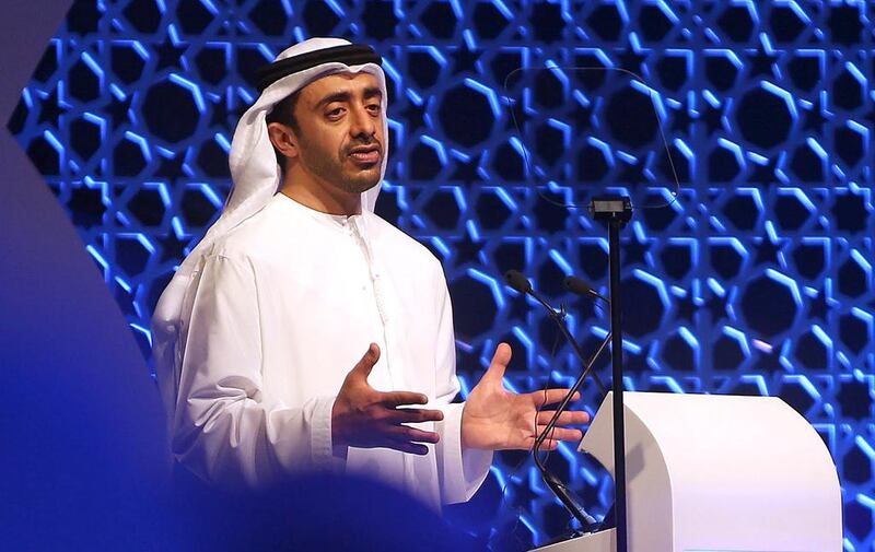 Sheikh Abdullah bin Zayed speaks during the Promoting Peace in Muslim Societies forum on March 9 in Abu Dhabi. Sammy Dallal / The National