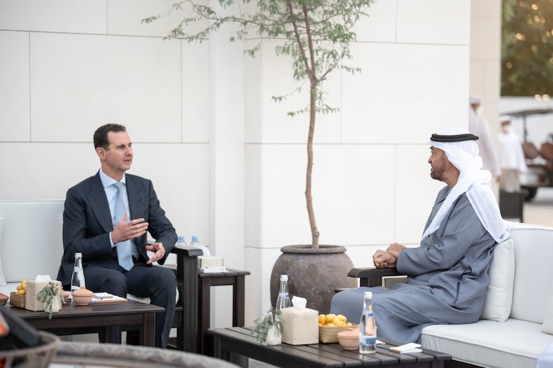 Mr Al Assad briefed Sheikh Mohamed on the latest developments in Syria. Rashed Al Mansoori / Ministry of Presidential Affairs. 