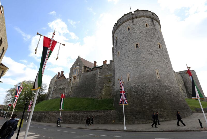 WINDSOR, UK Monday 29th April 2013. UAE flags line the street outside Windsor Castle today (monday) in readiness for  President Khalifa's state carriage procession with The Queen and The Duke of Edinburgh ,Tuesday 30th April. Stephen Lock for The National