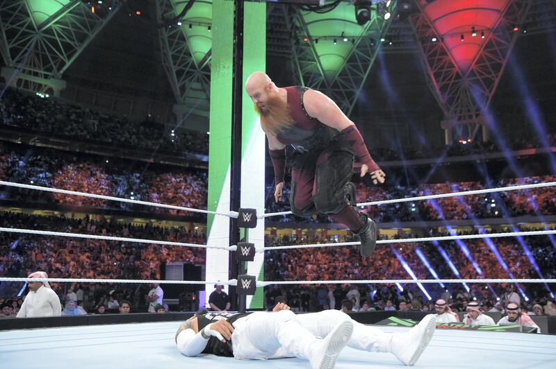 Erik Rowan of the Bludgeon Brothers flies through the air at the WWE Greatest Royal Rumble in Jeddah, Saudi Arabia. Courtesy WWE