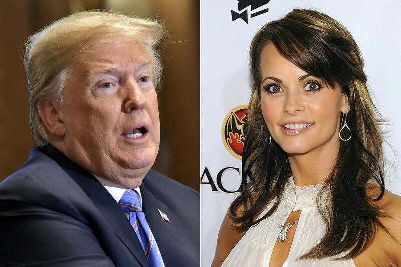 TOPSHOT - (COMBO) This combination of file pictures created on July 20, 2018 shows (L-R) US President Donald Trump on July 18, 2018, in Washington, DC, and Playboy model Karen McDougal on February 6, 2010 in Miami Beach, Florida.  Trump was secretly taped by his longtime lawyer, Michael Cohen, discussing payments to McDougal, with whom he allegedly had an affair, and the recording is in FBI hands, The New York Times reported on July 20, 2018. / AFP / GETTY IMAGES NORTH AMERICA / Nicholas Kamm AND Dimitrios Kambouris

