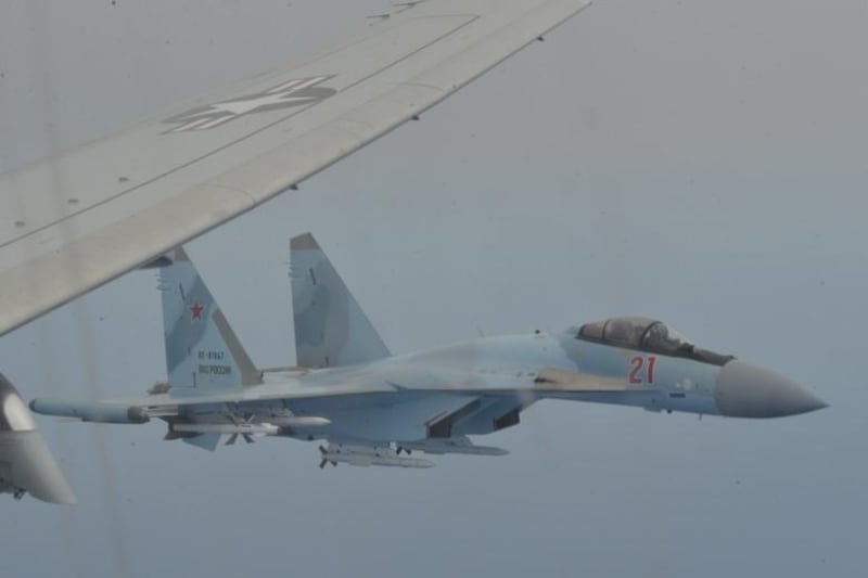 MEDITERRANEAN SEA (May 26, 2020) Two Russian Su-35 aircraft unsafely intercept a P-8A Poseidon patrol aircraft assigned to U.S. 6th Fleet over the Mediterranean Sea May 26, 2020. The intercept was determined to be unsafe and unprofessional due to the Russian pilots taking close station on each wing of the P-8A simultaneously, restricting the P-8A’s ability to safely maneuver, and lasted a total of 64 minutes. U.S. 6th Fleet, headquartered in Naples, Italy, conducts the full spectrum of joint and naval operations, often in concert with allied and interagency partners, in order to advance U.S. national interests and security and stability in Europe and Africa. (U.S. Navy photo)