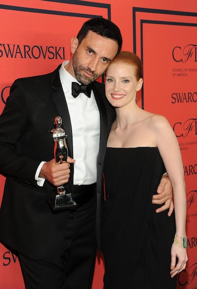 International Award honoree Riccardo Tisci, left, and actress Jessica Chastain pose in the press room at the 2013 CFDA Fashion Awards at Alice Tully Hall on Monday, June 3, 2013 in New York. (Photo by Evan Agostini/Invision/AP) *** Local Caption ***  2013 CFDA Fashion Awards Press Room.JPEG-0ccb2.jpg