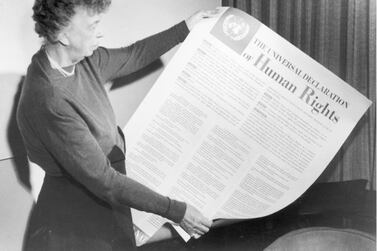 Eleanor Roosevelt with a copy of the UN's Universal Declaration of Human Rights. Getty Images