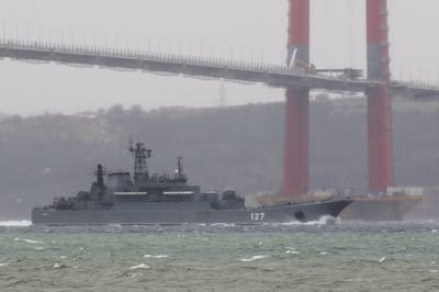 The Russian Navy's landing ship Minsk sets sail in the Dardanelles, on its way to the Black Sea, in Canakkale, Turkey. Reuters