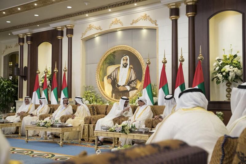 Sheikh Mohammed bin Zayed, Crown Prince of Abu Dhabi and Deputy Supreme Commander of the Armed Forces, speaks with Sheikh Humaid bin Rashid Al Nuaimi, Ruler of Ajman. Ryan Carter / Crown Prince Court – Abu Dhabi