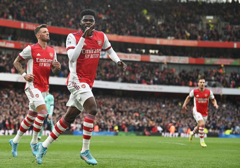 Thomas Partey celebrates scoring his team's first goal. Reuters