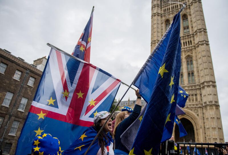 LONDON, ENGLAND - JUNE 12:  Anti-Brexit demonstrators gather outside the Houses of Parliament on June 12, 2018 in London, England. The EU withdrawal bill returns to the House of Commons today for the first of two sessions in which MP's will consider amendments imposed by the Lords, and another set of fresh amendments.  (Photo by Chris J Ratcliffe/Getty Images)