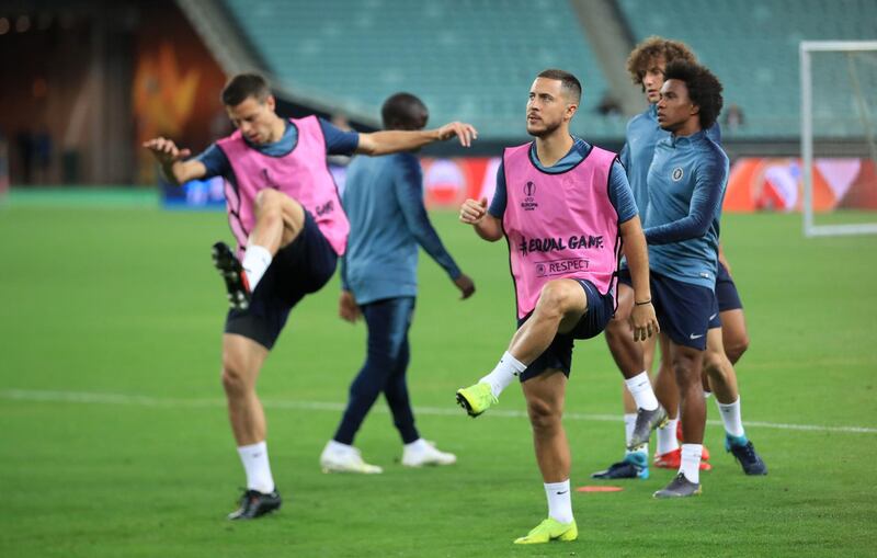 Eden Hazard and Cesar Azpilicueta take part in a training session ahead of the Europa League final. Press Association