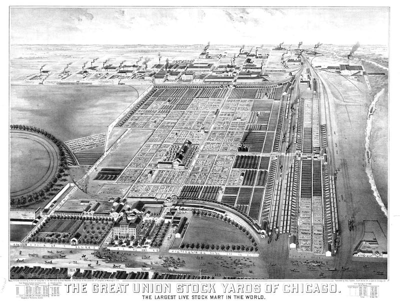 This aerial view of the Union Stock Yard from the east in 1877 shows the packinghouses to the west and Dexter Park racetrack to the south. Courtesy of Library of Congress