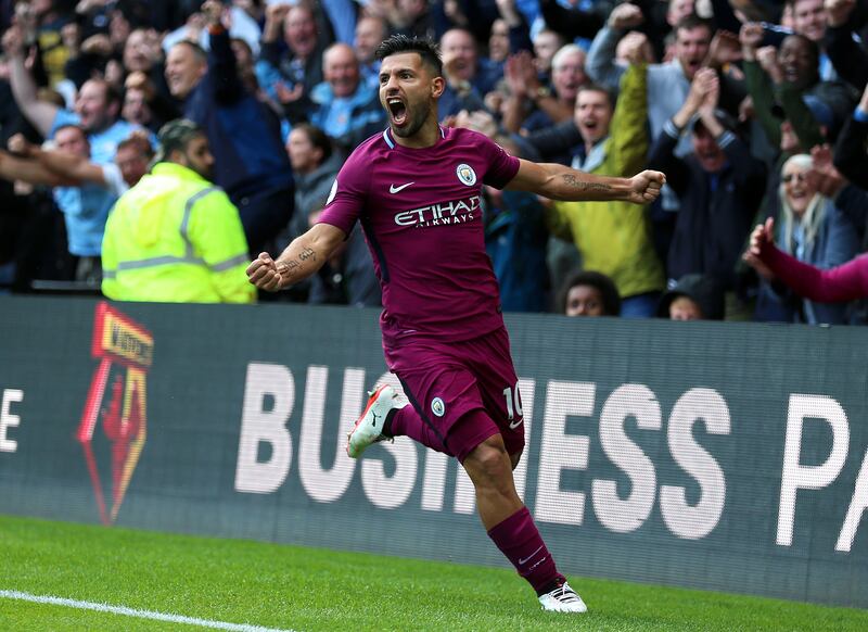 Manchester City's Sergio Aguero celebrates scoring his side's fifth goal, completing his hat-trick, in a 6-0 Premier League win over Watford in December, 2017. PA