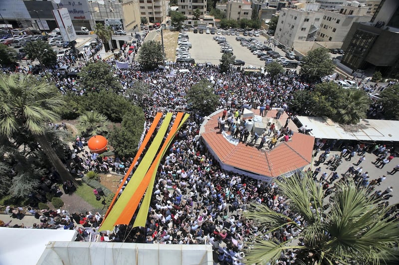 Jordanians gather at the professional Associations compound to participate at the country's strike refusing the new incom law draft put by the government and sent to the parliament, in Amman, Jordan, on May 30, 2018. (Salah Malkawi for The National)