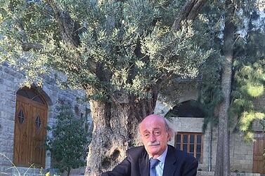 Walid Jumblatt with his favourite dog Oscar, which died earlier this year. Jumblatt, one of the most iconic figures in Lebanon's turbulent history, is at the centre of a political crisis pitting him against the far more powerful Hezbollah and which could determine his fate. The National