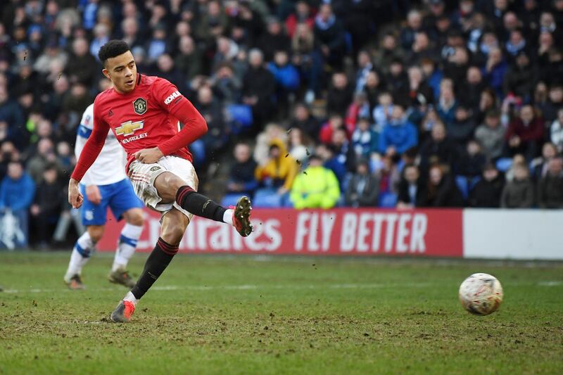 Mason Greenwood scores Manchester United's sixth goal from the penalty spot. Getty.
