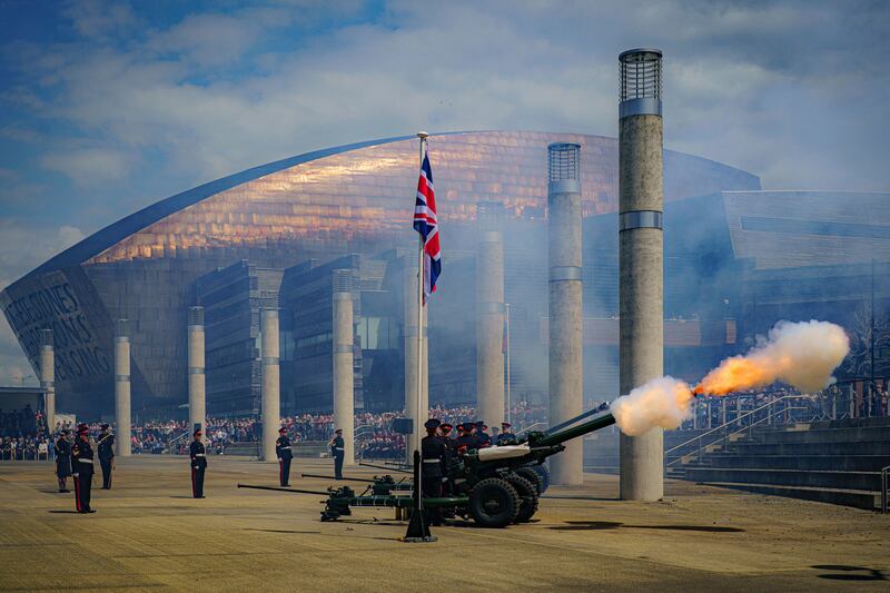 The Royal Gun Salute in Cardiff to mark the start of the platinum jubilee weekend. AP