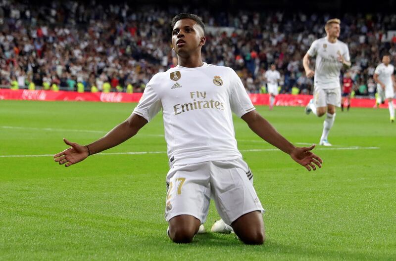 Real Madrid forward Rodrygo celebrates after scoring. EPA